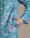 Manyavar Boys Boys Turquoise Floral Printed Kurta Set