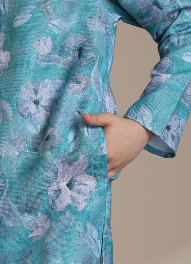 Manyavar Boys Boys Turquoise Floral Printed Kurta Set