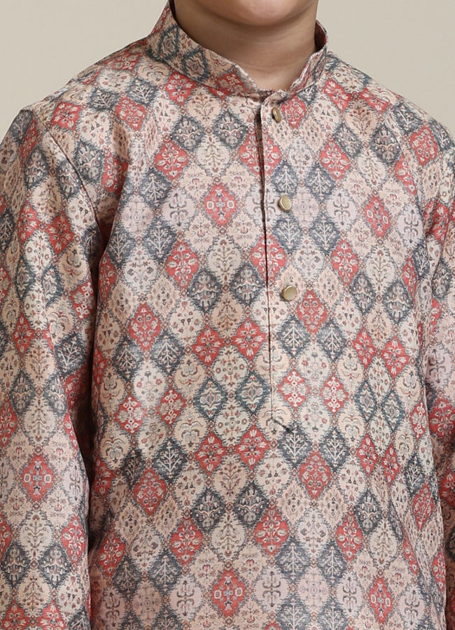 Manyavar Boys Boys Beige Diamond Patterned Kurta Set