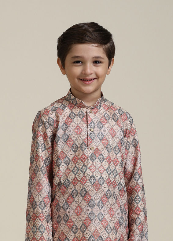Manyavar Boys Boys Beige Diamond Patterned Kurta Set