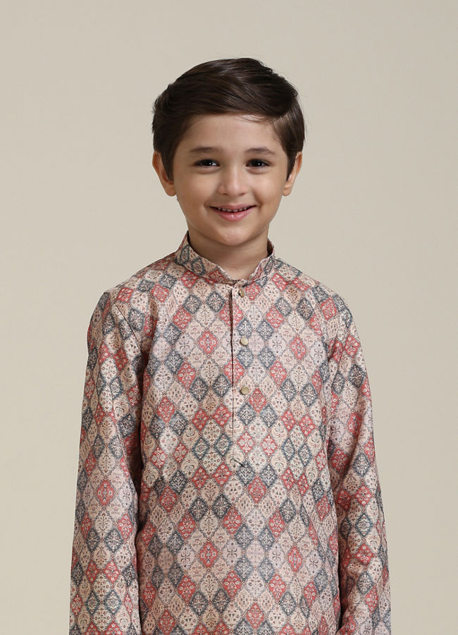 Manyavar Boys Boys Beige Diamond Patterned Kurta Set