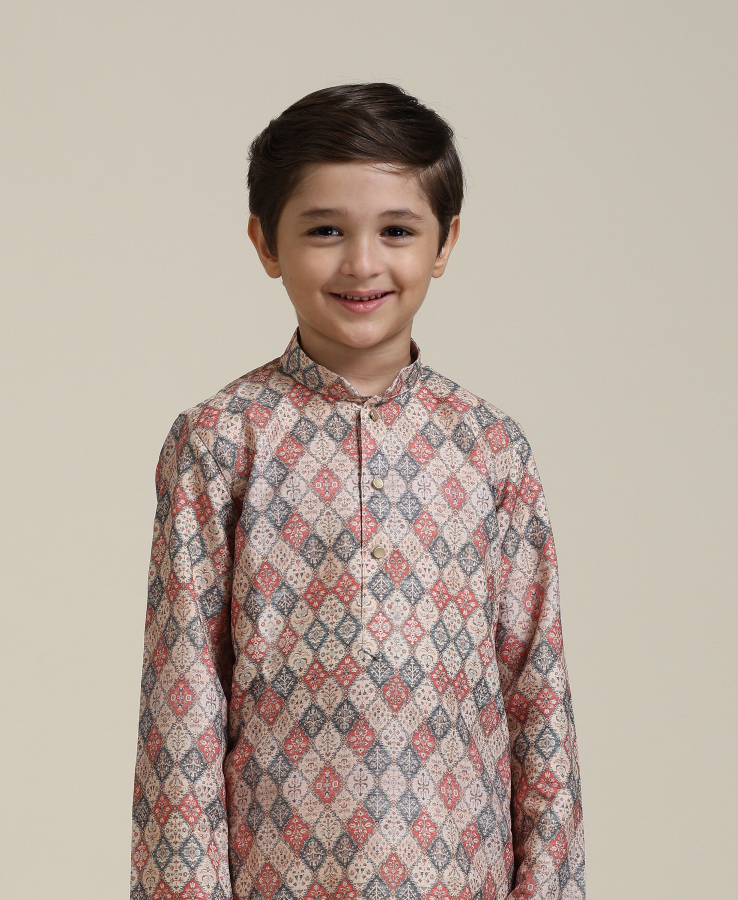 Manyavar Boys Boys Beige Diamond Patterned Kurta Set
