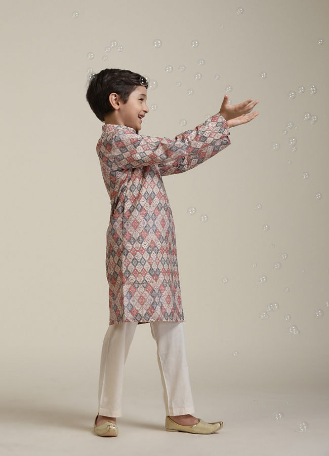 Manyavar Boys Boys Beige Diamond Patterned Kurta Set