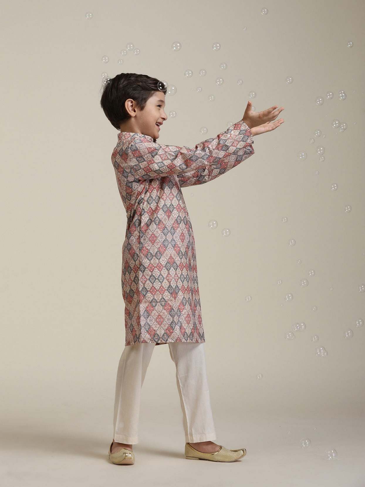Manyavar Boys Boys Beige Diamond Patterned Kurta Set