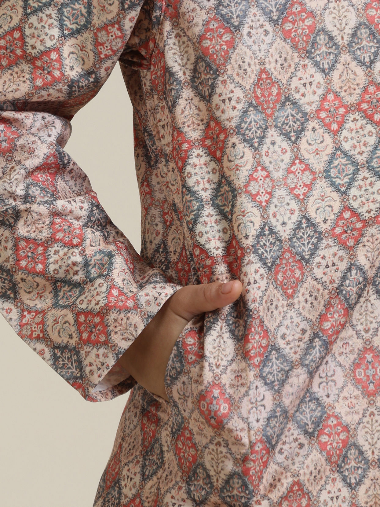 Manyavar Boys Boys Beige Diamond Patterned Kurta Set