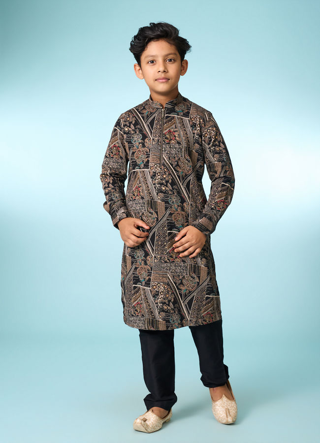 Manyavar Boys Classic Black Ensemble Kurta Pajama