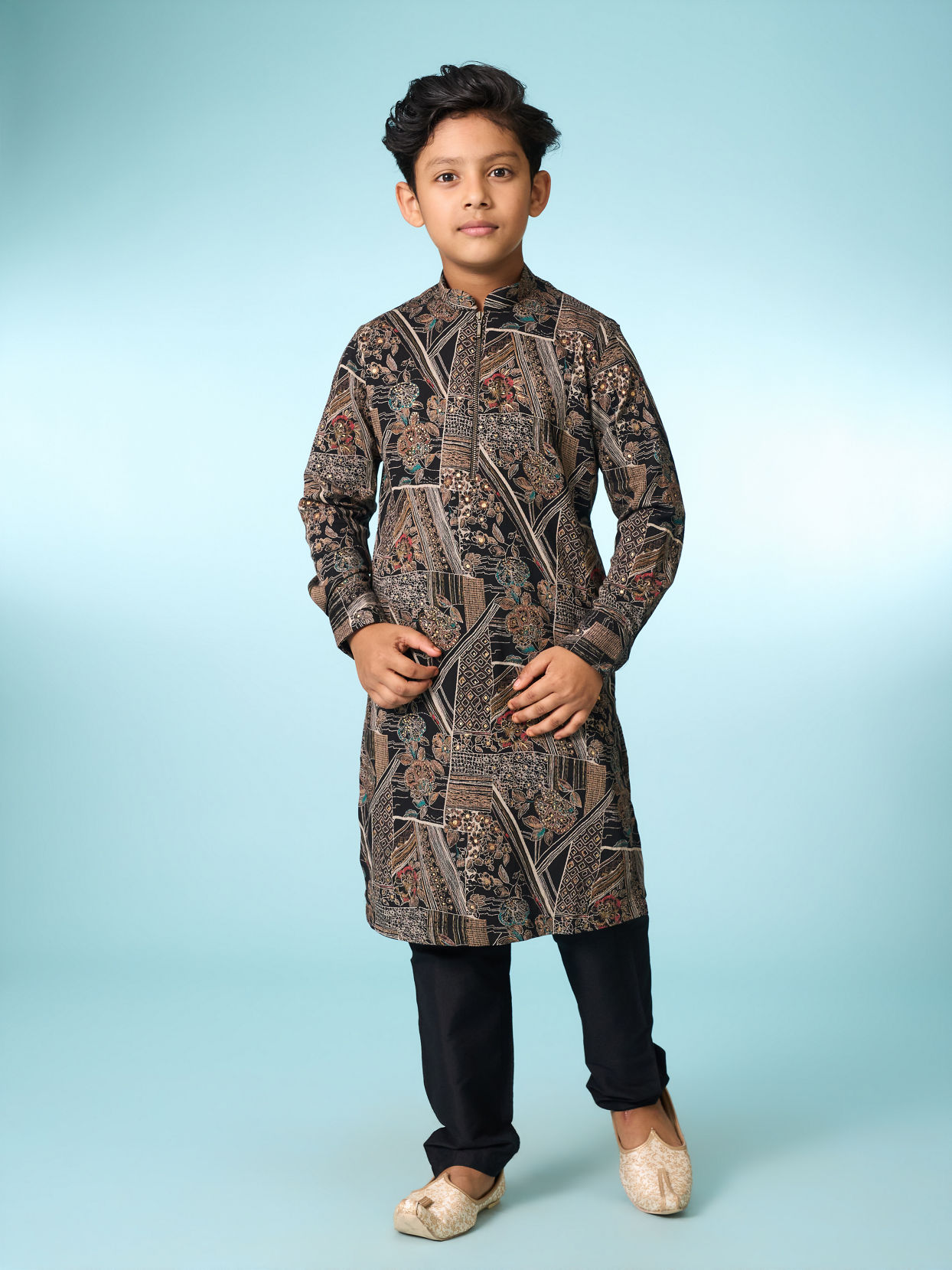 Manyavar Boys Classic Black Ensemble Kurta Pajama