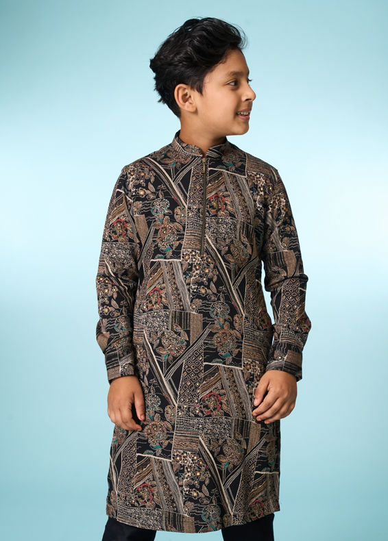 Manyavar Boys Classic Black Ensemble Kurta Pajama
