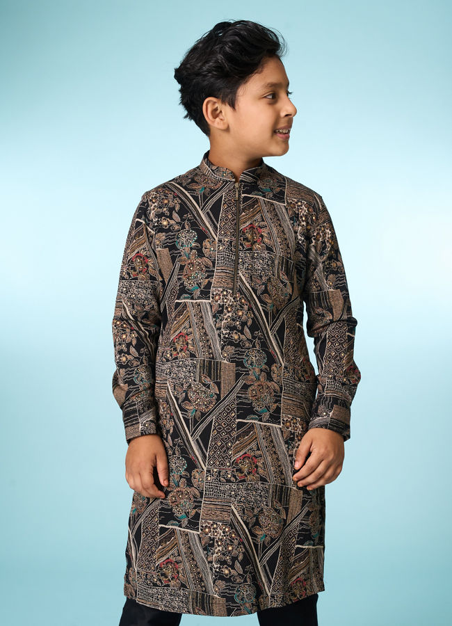 Manyavar Boys Classic Black Ensemble Kurta Pajama