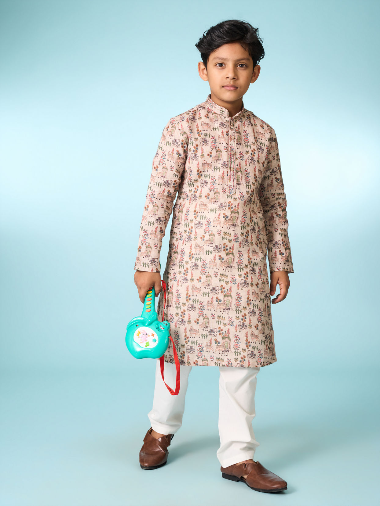 Manyavar Boys Beige Cotton Ensemble Kurta Jacket Set