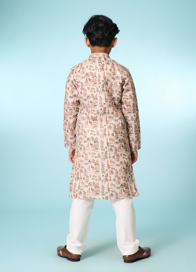 Manyavar Boys Beige Cotton Ensemble Kurta Jacket Set