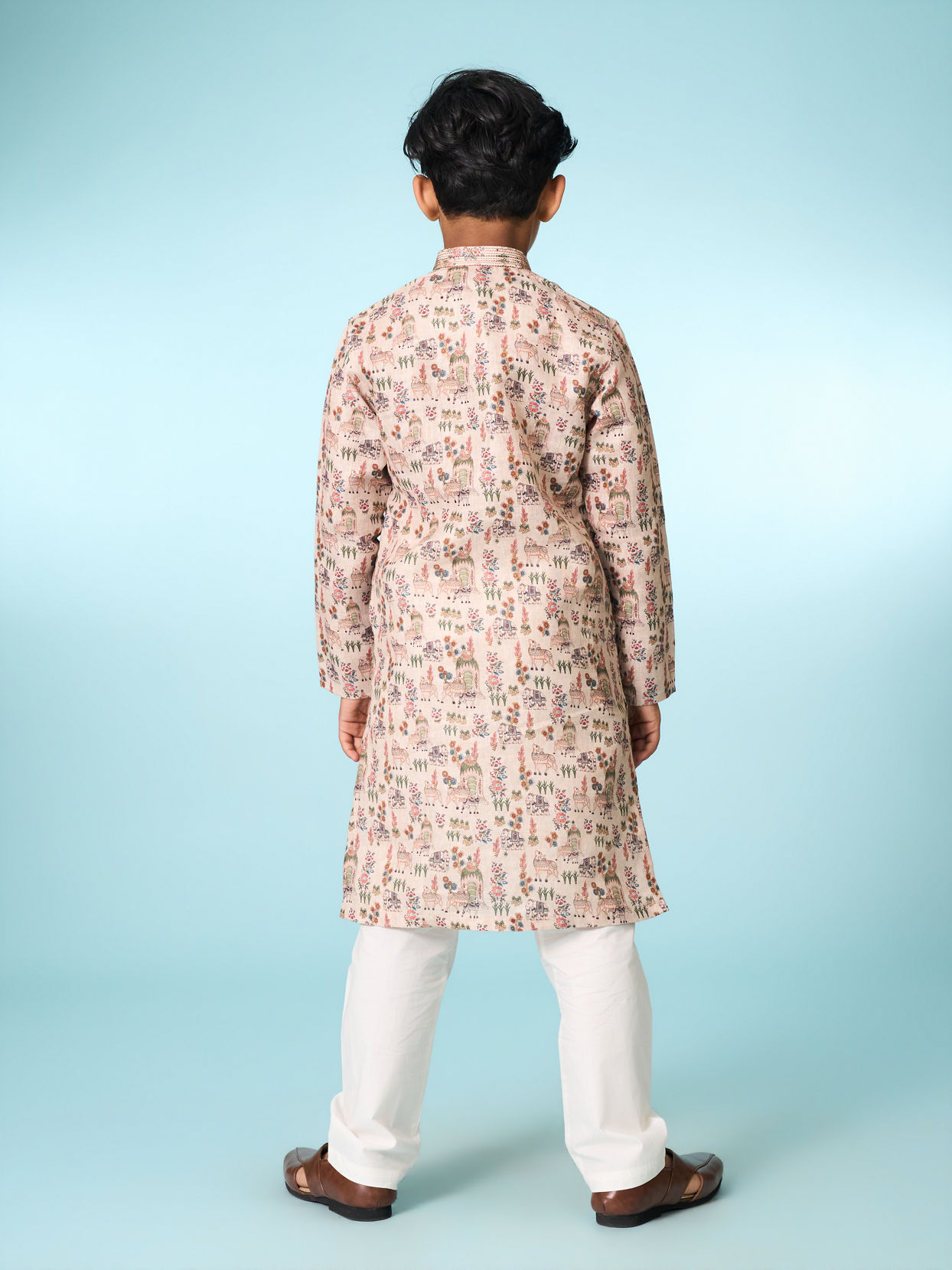 Manyavar Boys Beige Cotton Ensemble Kurta Jacket Set