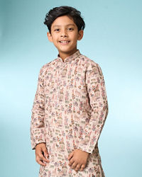 Manyavar Boys Beige Cotton Ensemble Kurta Jacket Set