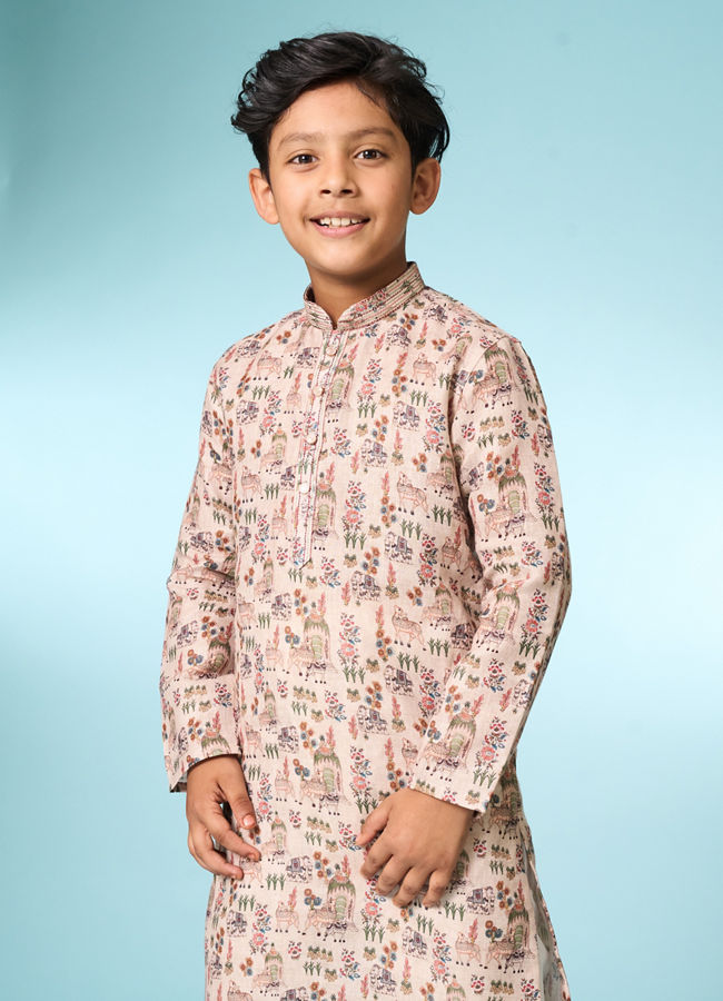 Manyavar Boys Boys' Printed Beige Kurta Pajama Set