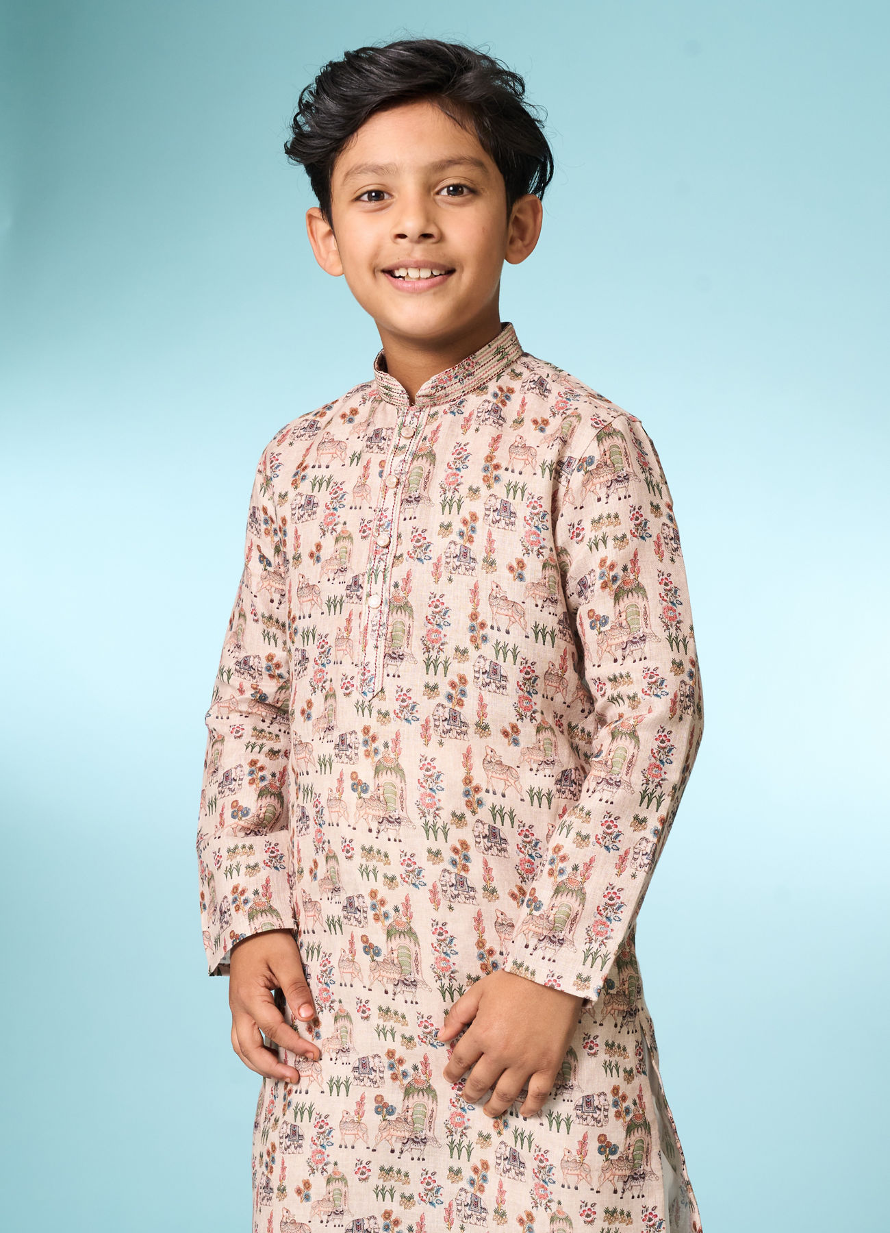 Manyavar Boys Beige Cotton Ensemble Kurta Jacket Set