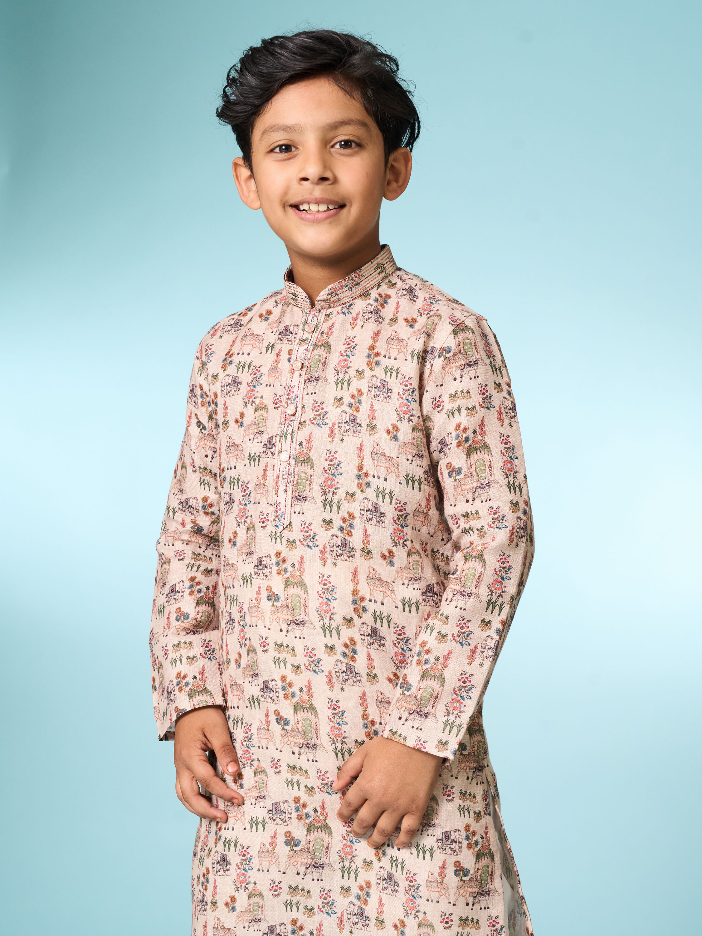 Manyavar Boys Beige Cotton Ensemble Kurta Jacket Set