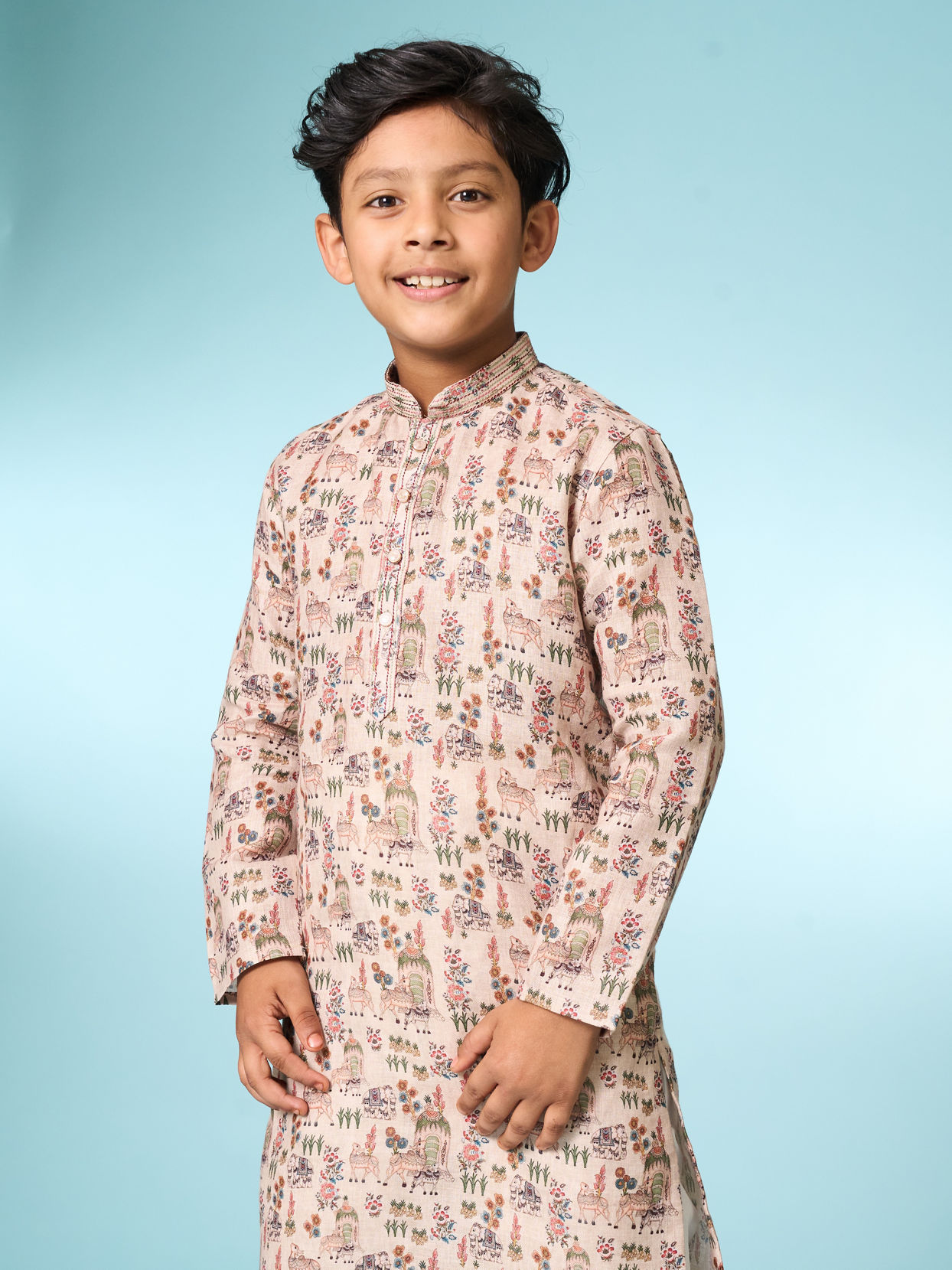 Manyavar Boys Boys' Printed Beige Kurta Pajama Set