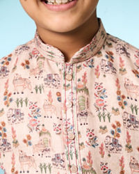 Manyavar Boys Beige Cotton Ensemble Kurta Jacket Set