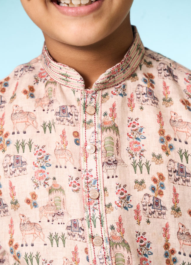 Manyavar Boys Boys' Printed Beige Kurta Pajama Set