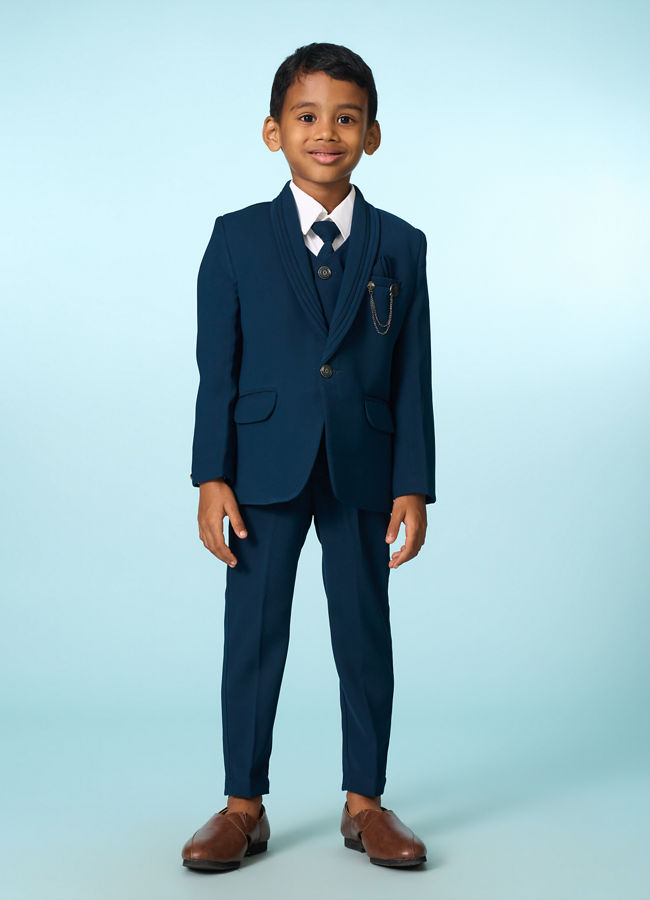 Manyavar Boys Teal Blue Regal Blazer Suit Set