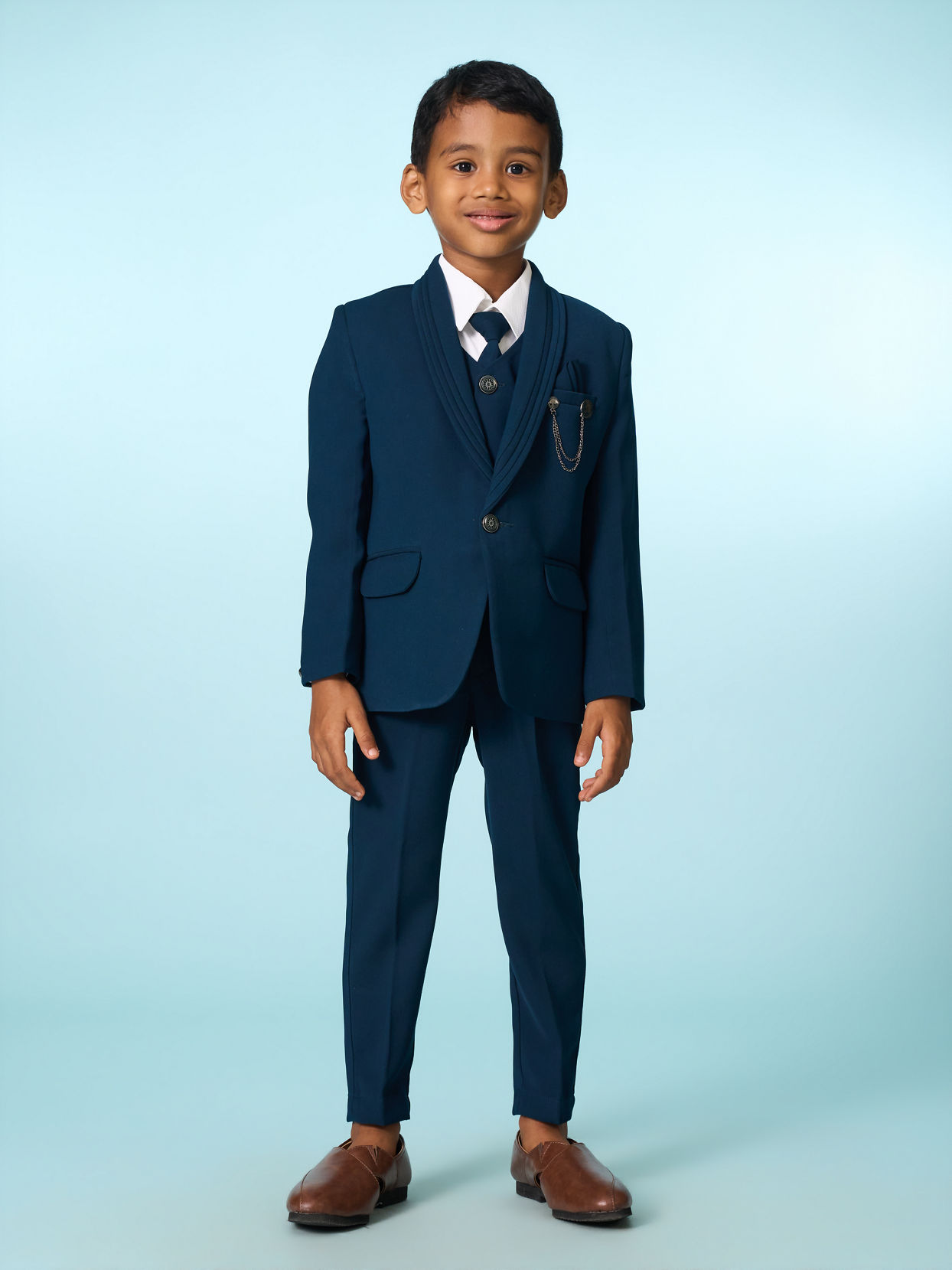Manyavar Boys Teal Blue Regal Blazer Suit Set