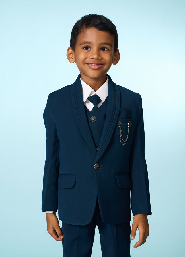 Manyavar Boys Teal Blue Regal Blazer Suit Set