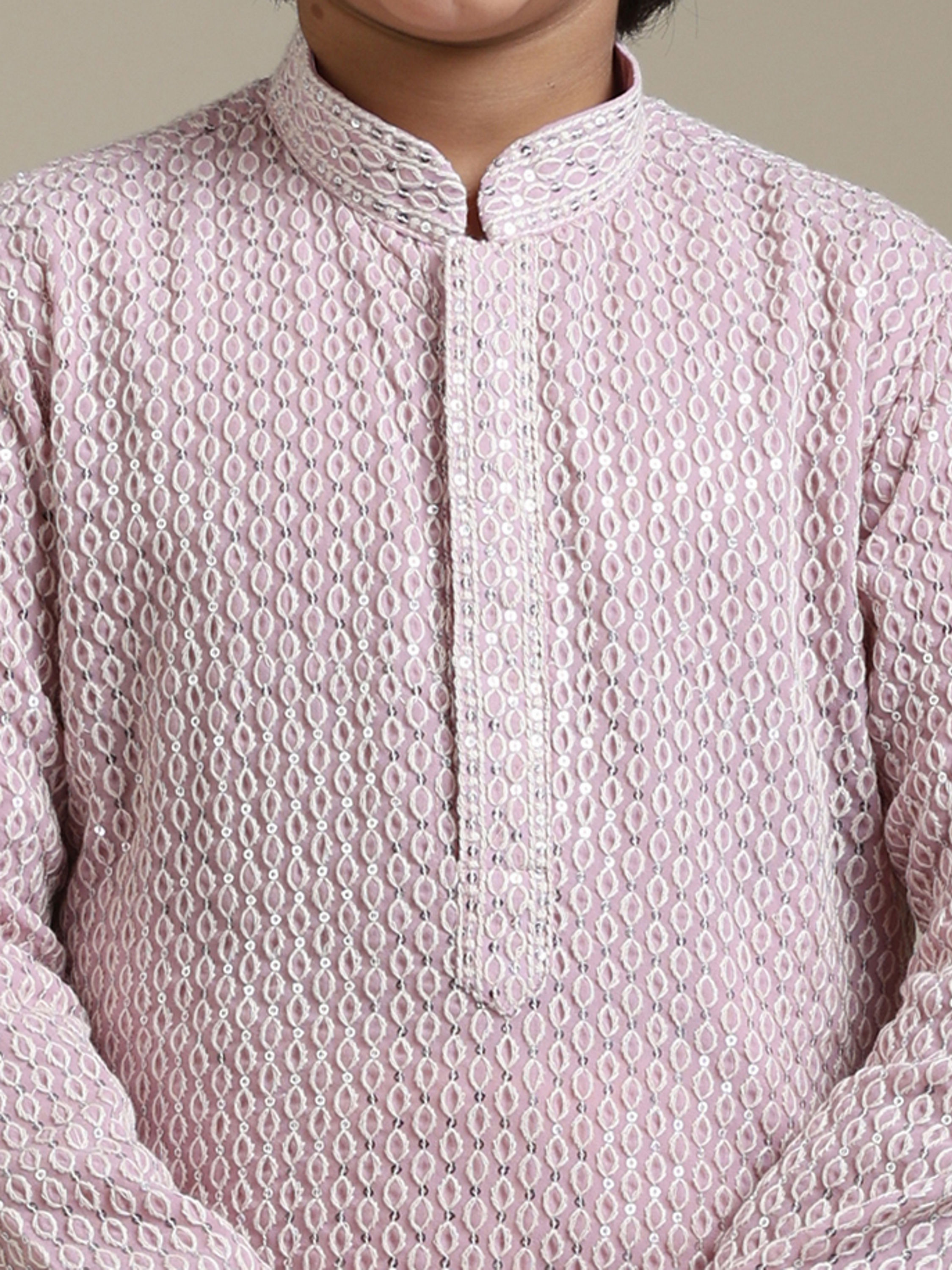 Manyavar Boys Boys Baby Pink Chikankari Embroidered Kurta Set with Sequin Work