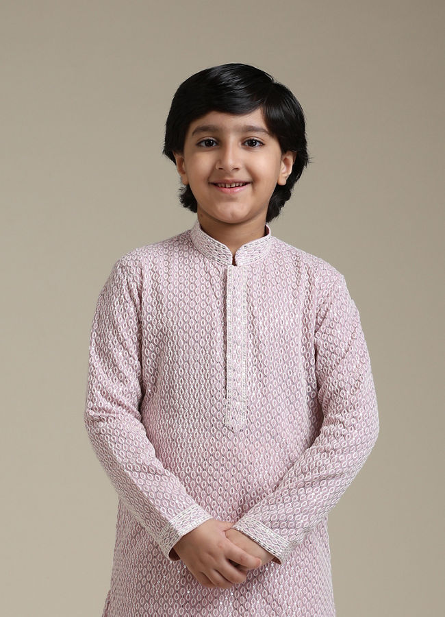 Manyavar Boys Boys Baby Pink Chikankari Embroidered Kurta Set with Sequin Work