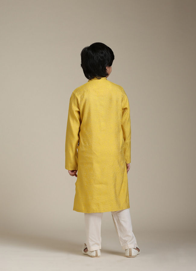 Manyavar Boys Boys Mustard Yellow Jacquard Kurta Set with Embroidered Neckline image number 5