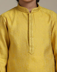 Manyavar Boys Boys Mustard Yellow Jacquard Kurta Set with Embroidered Neckline