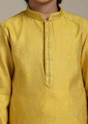 Manyavar Boys Boys Mustard Yellow Jacquard Kurta Set with Embroidered Neckline image number 1