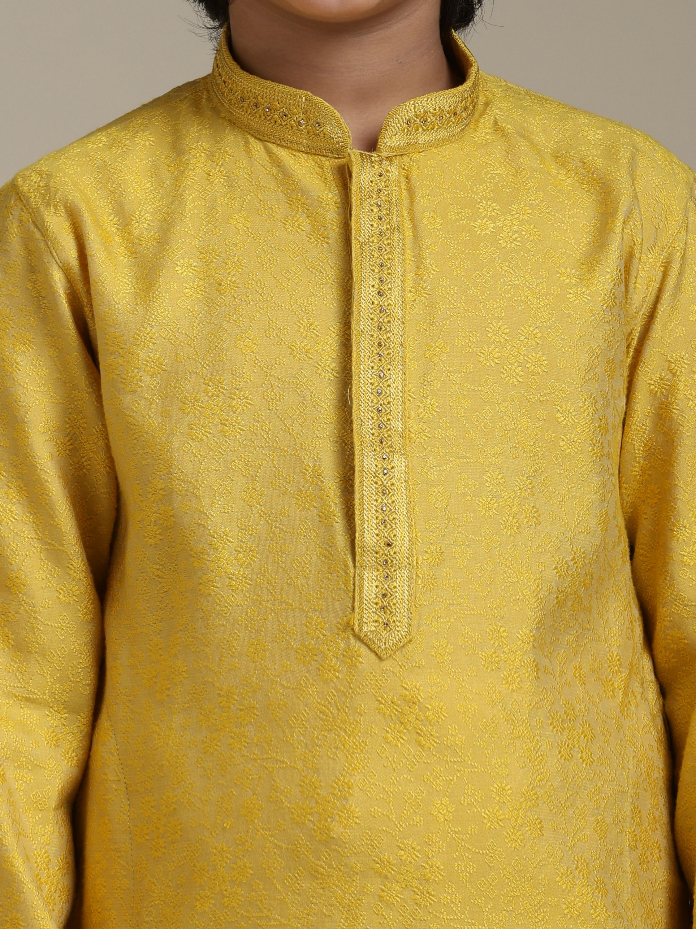 Manyavar Boys Boys Mustard Yellow Jacquard Kurta Set with Embroidered Neckline