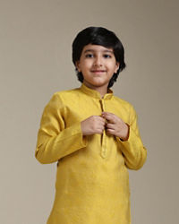 Manyavar Boys Boys Mustard Yellow Jacquard Kurta Set with Embroidered Neckline