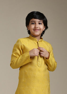 Manyavar Boys Boys Mustard Yellow Jacquard Kurta Set with Embroidered Neckline image number 0