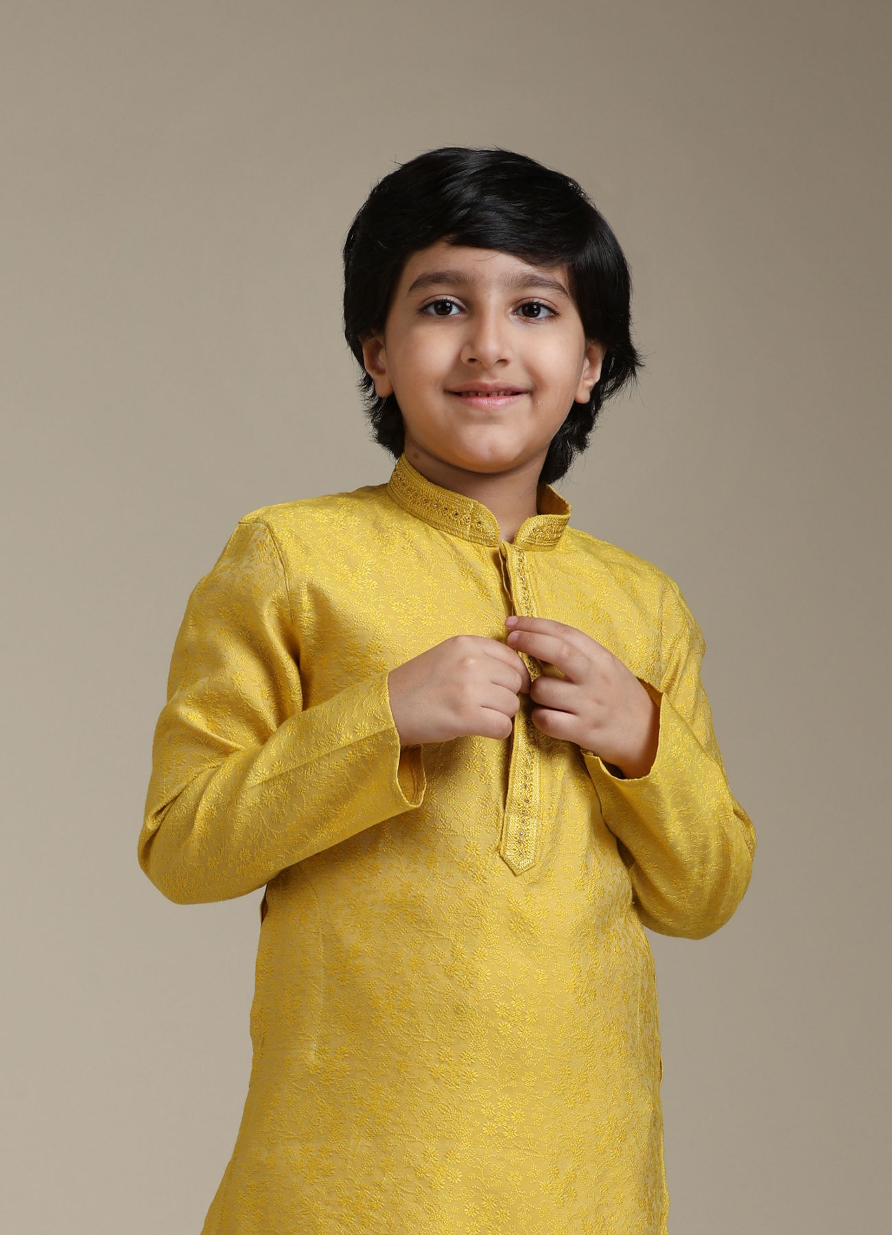 Manyavar Boys Boys Mustard Yellow Jacquard Kurta Set with Embroidered Neckline