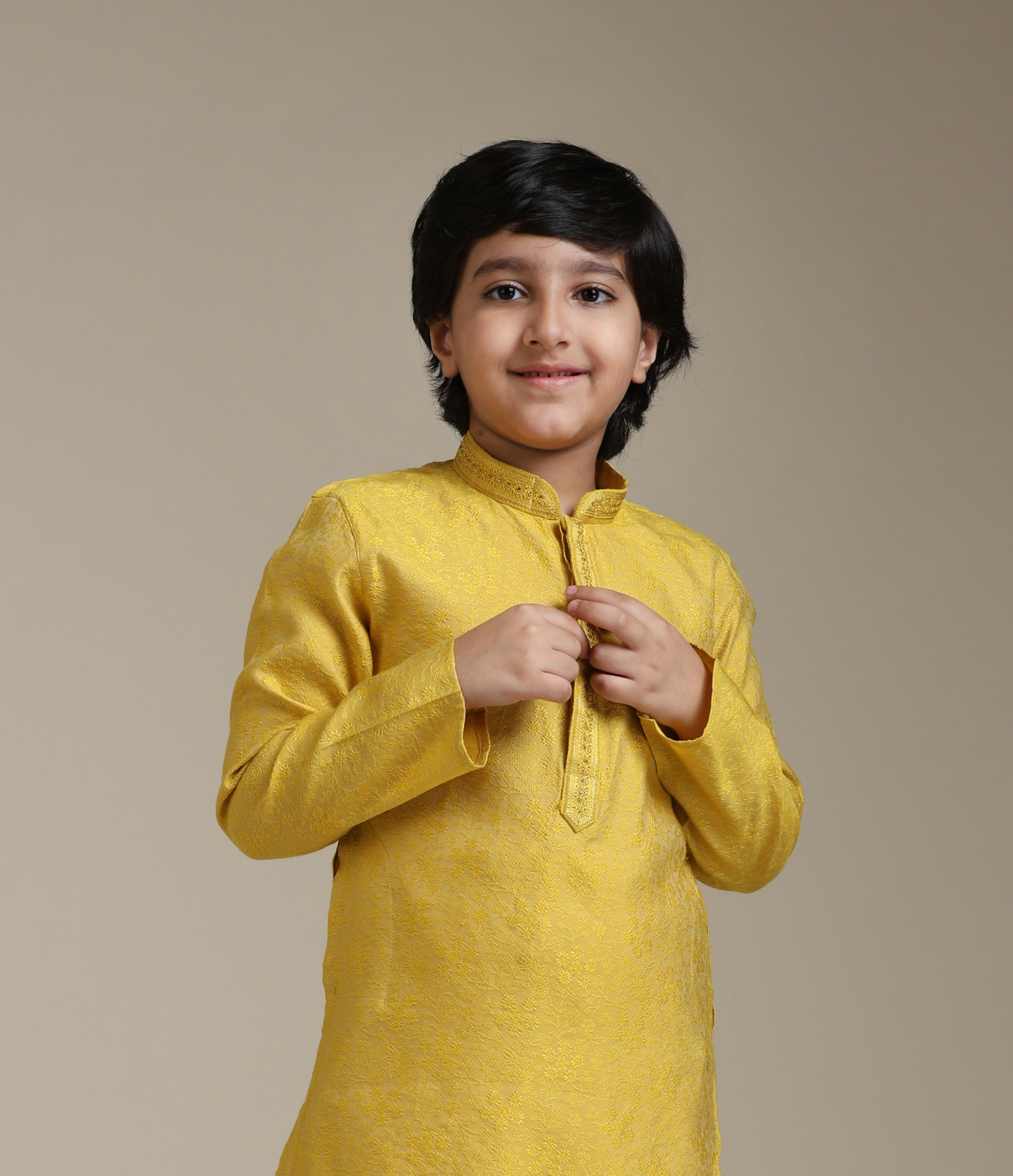 Manyavar Boys Boys Mustard Yellow Jacquard Kurta Set with Embroidered Neckline