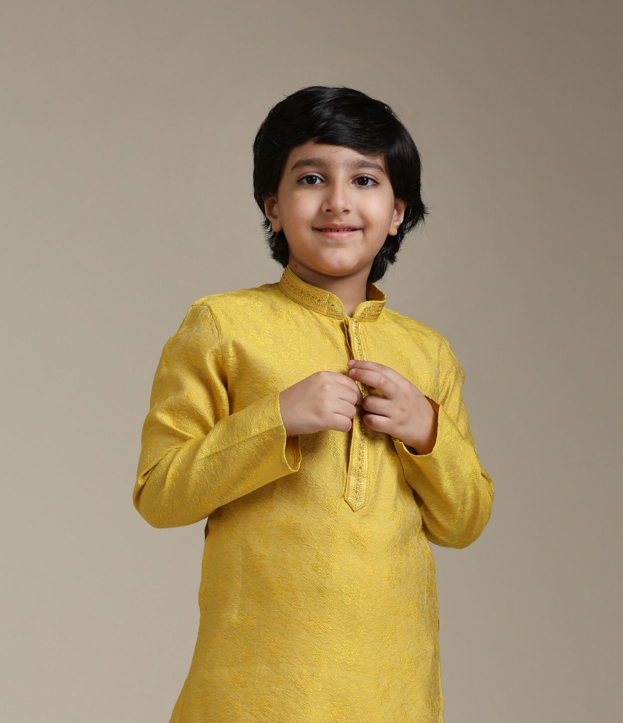 Manyavar Boys Boys Mustard Yellow Jacquard Kurta Set with Embroidered Neckline image number 0