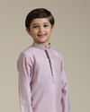 alt message - Manyavar Boys Boys Soft Lilac Kurta Set with Embroidered Neckline image number 0