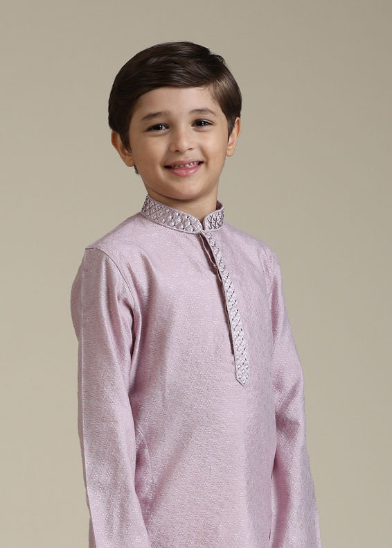 Manyavar Boys Boys Soft Lilac Kurta Set with Embroidered Neckline