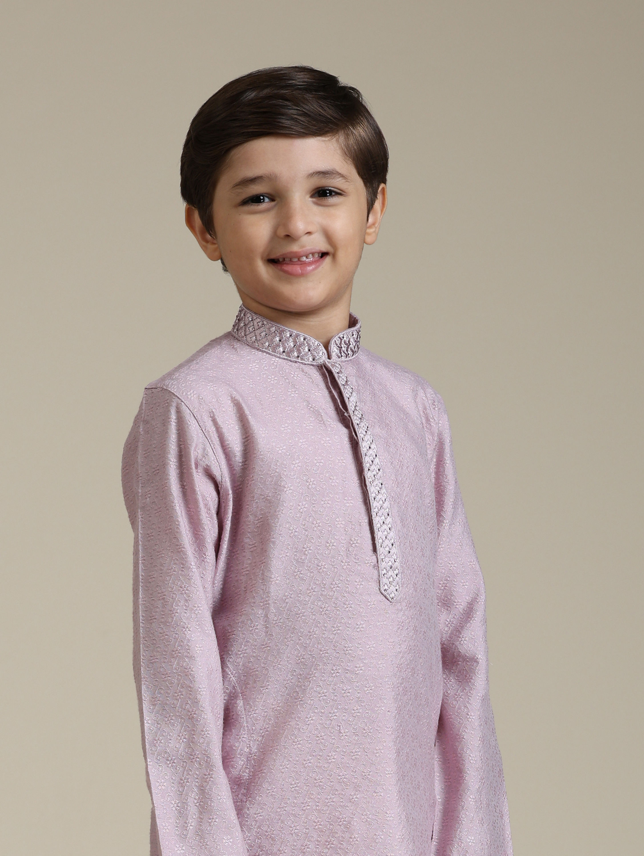 Manyavar Boys Boys Soft Lilac Kurta Set with Embroidered Neckline