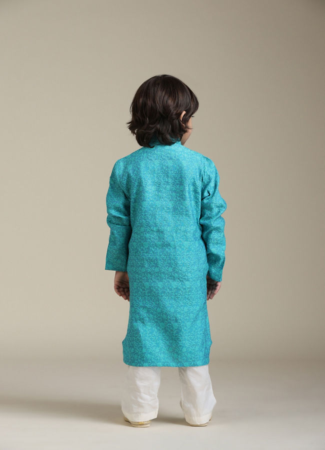 Manyavar Boys Boys Turquoise Blue Jacquard Kurta Set with Bel Buti Pattern