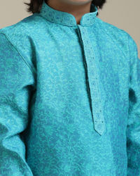 Manyavar Boys Boys Turquoise Blue Jacquard Kurta Set with Bel Buti Pattern