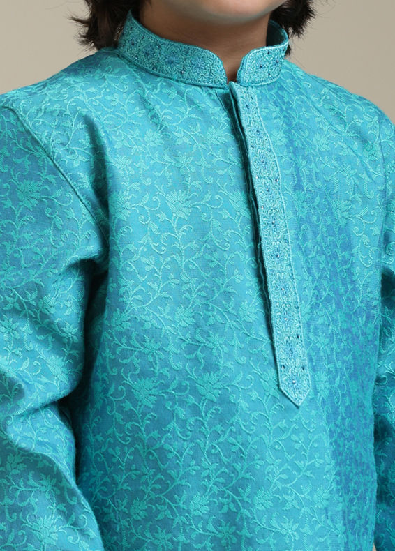 Manyavar Boys Boys Turquoise Blue Jacquard Kurta Set with Bel Buti Pattern