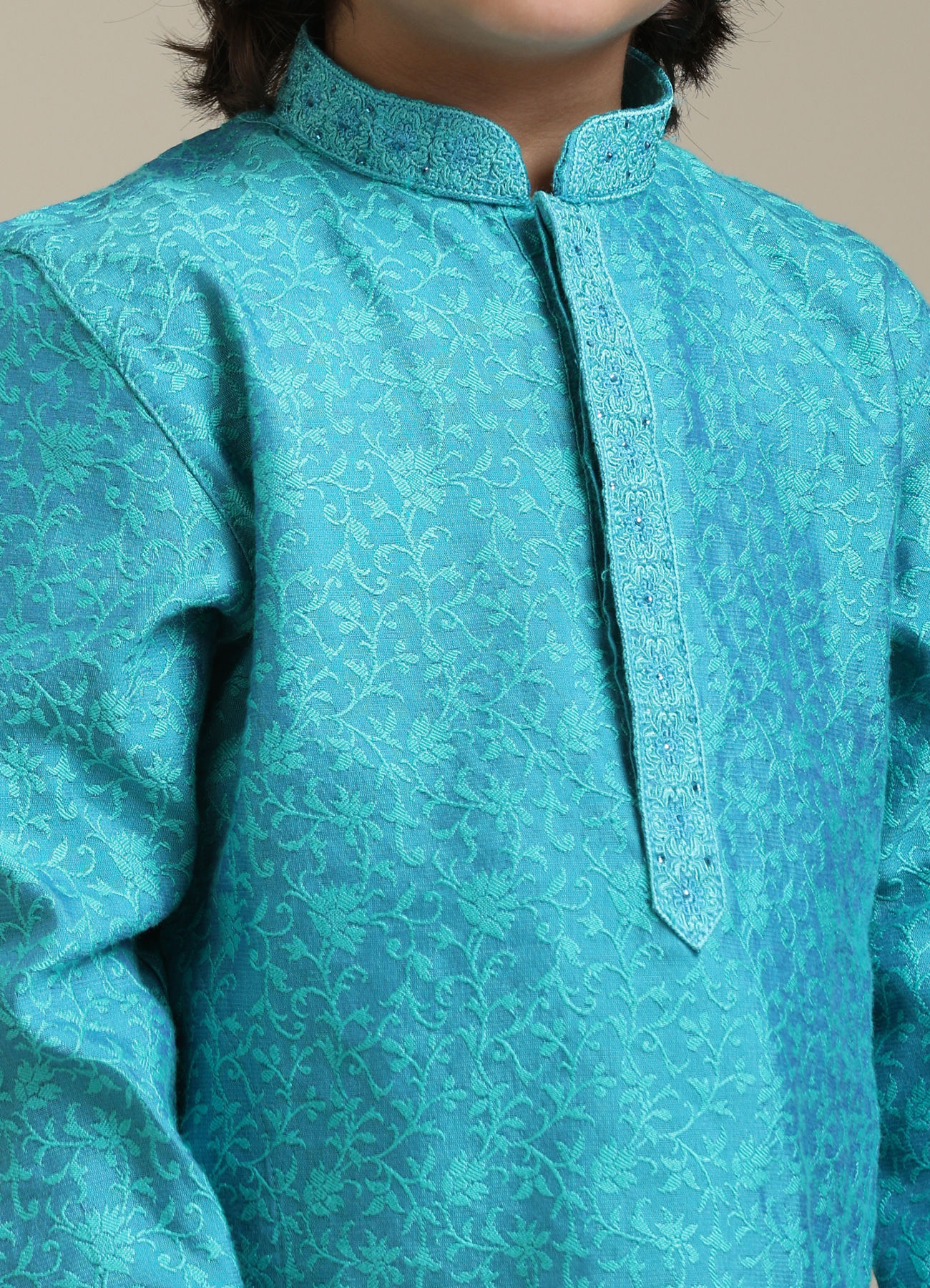 Manyavar Boys Boys Turquoise Blue Jacquard Kurta Set with Bel Buti Pattern