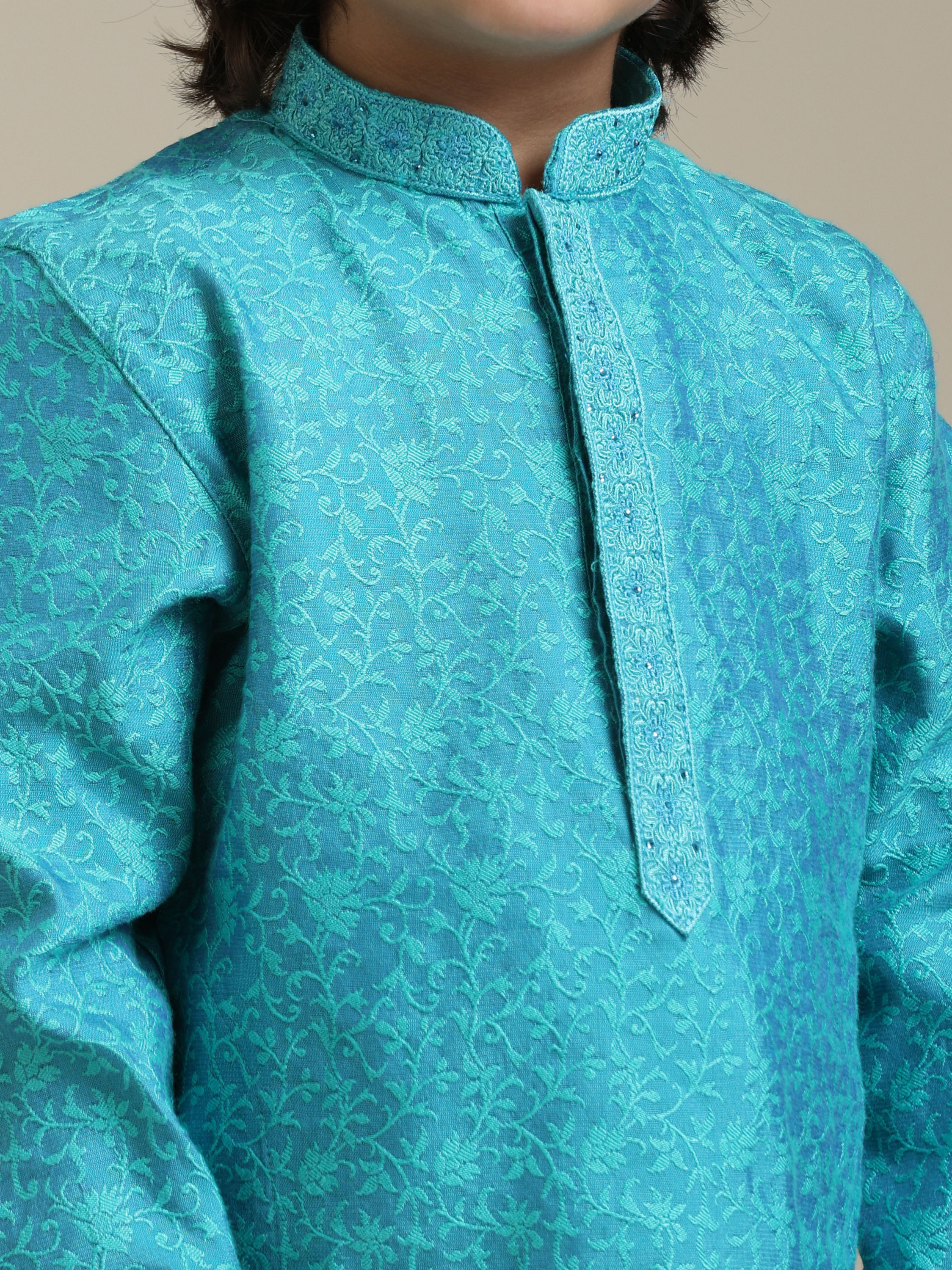 Manyavar Boys Boys Turquoise Blue Jacquard Kurta Set with Bel Buti Pattern