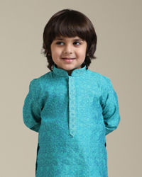 Manyavar Boys Boys Turquoise Blue Jacquard Kurta Set with Bel Buti Pattern