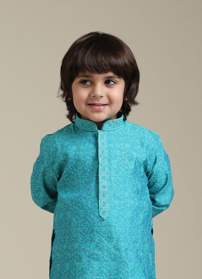 Manyavar Boys Boys Turquoise Blue Jacquard Kurta Set with Bel Buti Pattern
