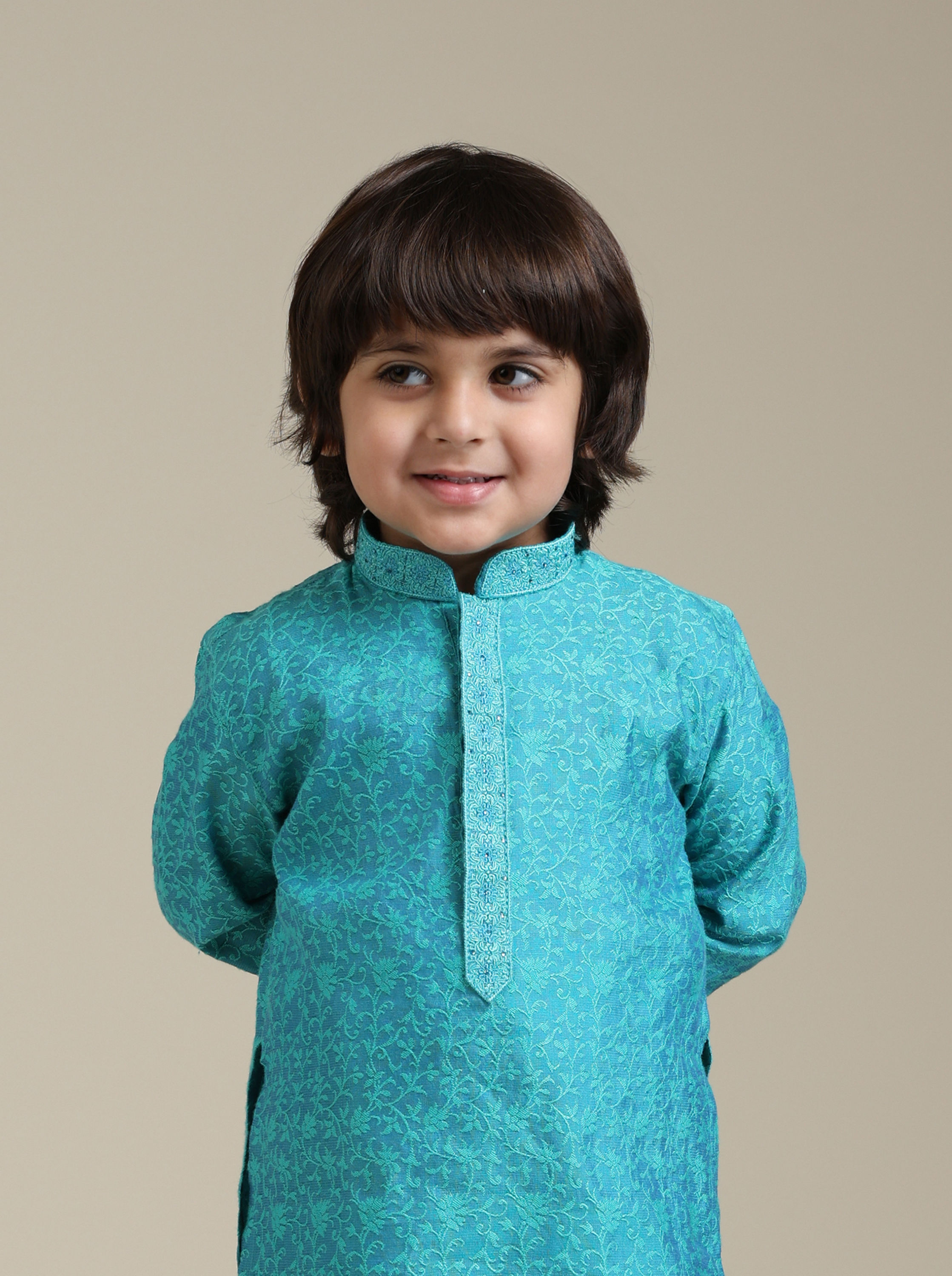 Manyavar Boys Boys Turquoise Blue Jacquard Kurta Set with Bel Buti Pattern