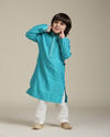 Manyavar Boys Boys Turquoise Blue Jacquard Kurta Set with Bel Buti Pattern