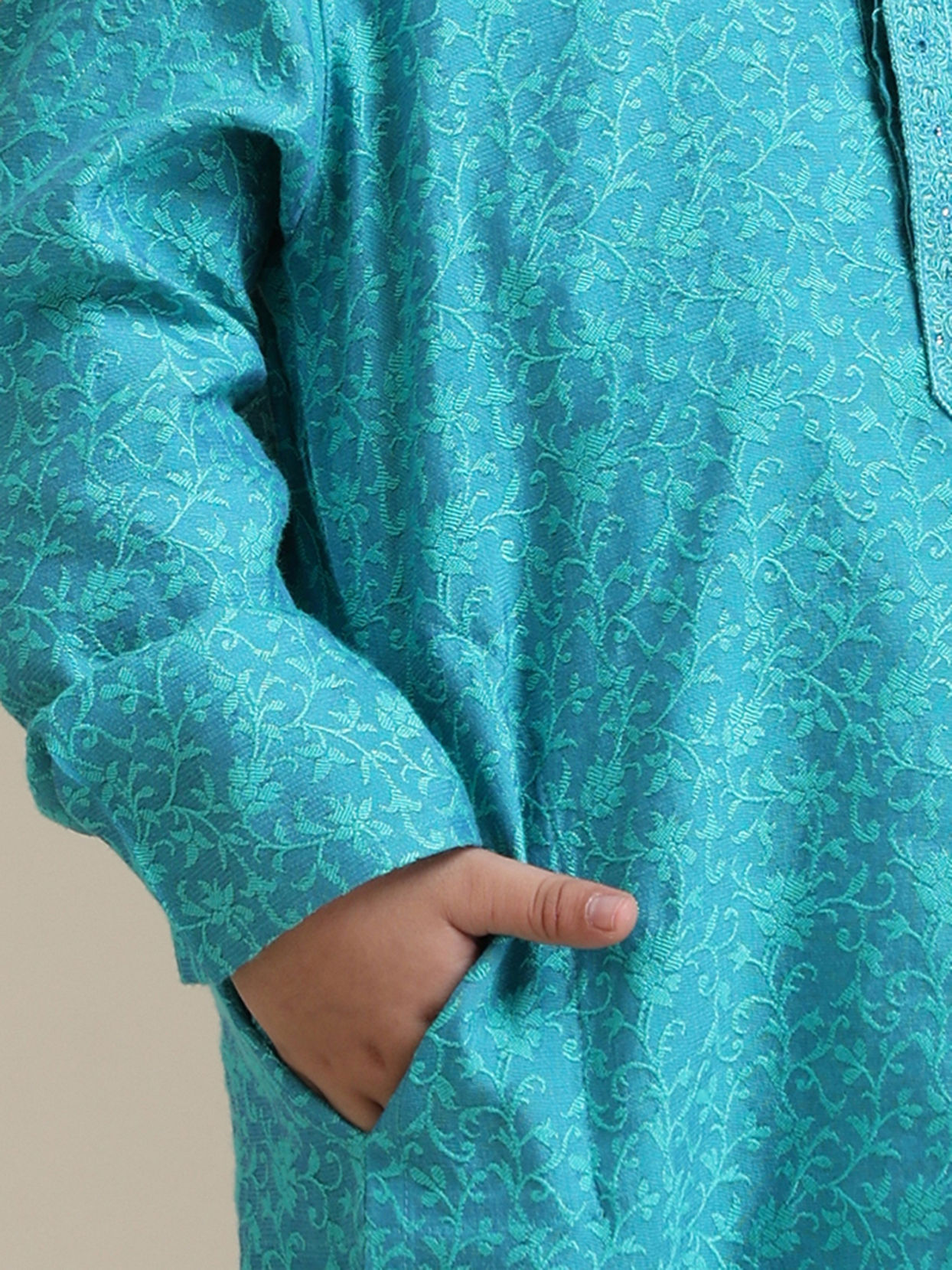 Manyavar Boys Boys Turquoise Blue Jacquard Kurta Set with Bel Buti Pattern